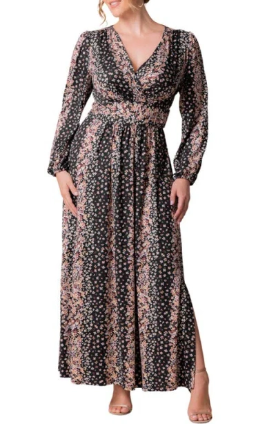 Kiyonna Kelsey Long Sleeve Maxi Dress In Black Floral Falls