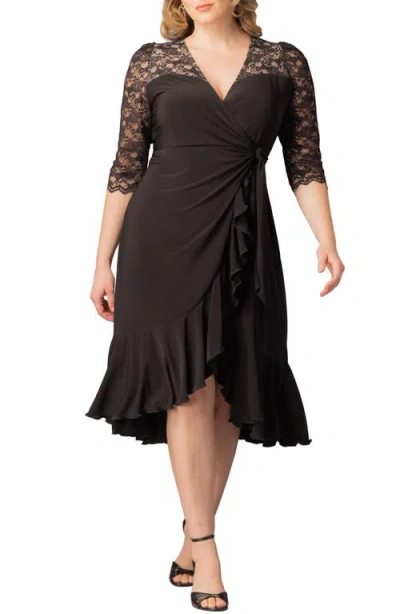 Kiyonna Lavish Lace Midi Wrap Dress In Black