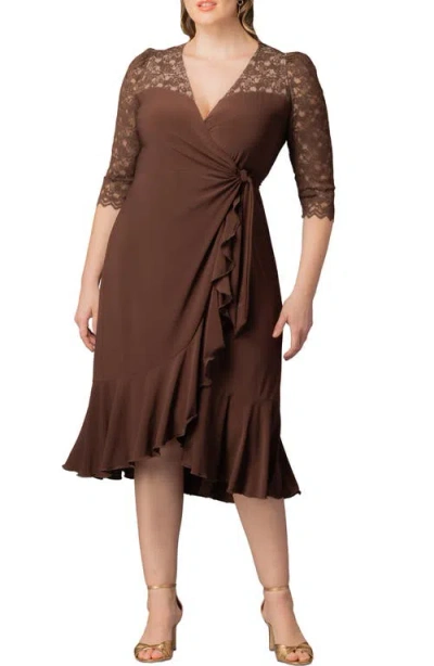 Kiyonna Lavish Lace Midi Wrap Dress In Brown