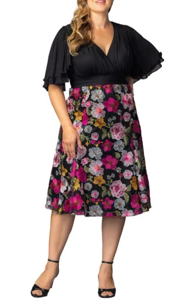 Kiyonna Lillian Embroidered Flutter Sleeve Cocktail Dress In Multi