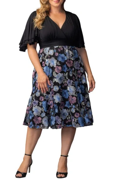 Kiyonna Lillian Embroidered Flutter Sleeve Cocktail Dress In Black