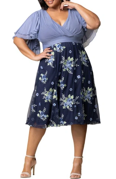 Kiyonna Lillian Embroidered Flutter Sleeve Cocktail Dress In Blue
