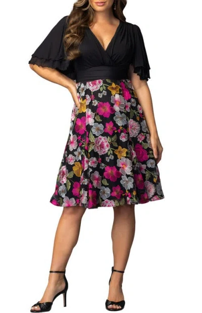 Kiyonna Lillian Embroidered Flutter Sleeve Cocktail Dress In Multi
