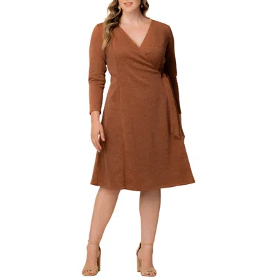 Kiyonna London Wrap Sweater Dress In Brown