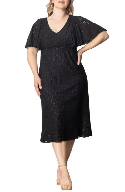 Kiyonna Lucy Short Sleeve Eyelet Midi Dress In Black Noir