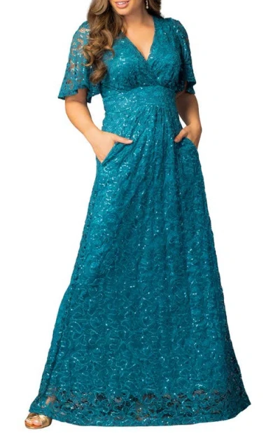 Kiyonna Luminous Sequin Lace Evening Gown In Blue
