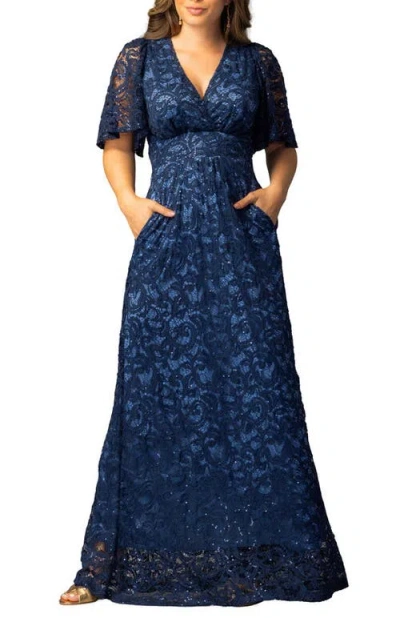 Kiyonna Luminous Sequin Lace Evening Gown In Blue