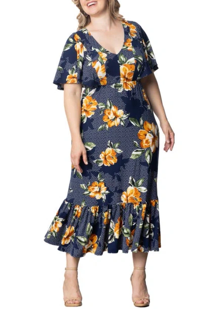 Kiyonna Madrid Floral Flutter Sleeve Maxi Dress In Amber Blossoms