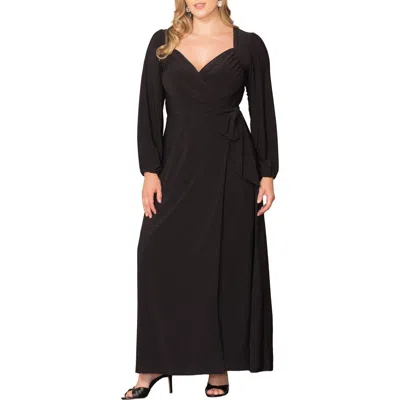 Kiyonna Modern Muse Long Sleeve Wrap Gown In Black