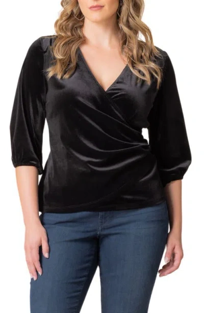 Kiyonna Odette Velvet Faux Wrap Top In Onyx