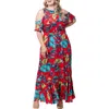 Kiyonna Piper Cold Shoulder Dress In Red Hibiscus Palm Print
