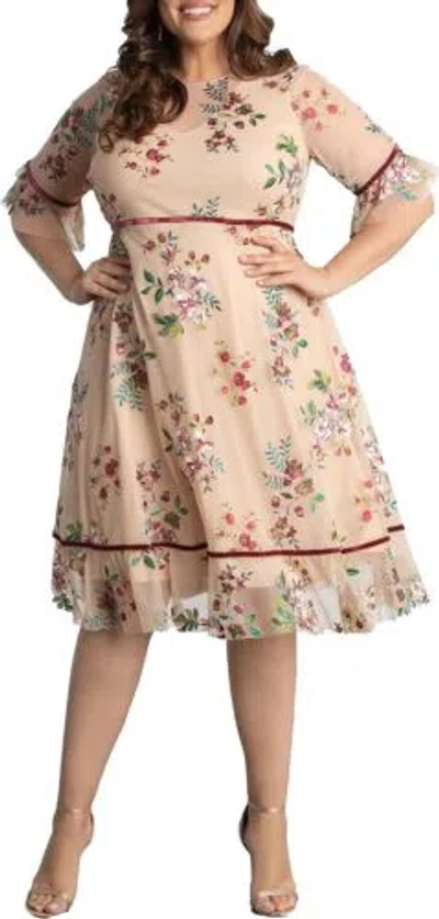 Pre-owned Kiyonna Plus Size Wildflower Midi Embroidered Cocktail Dress | Formal Dress... In Blush