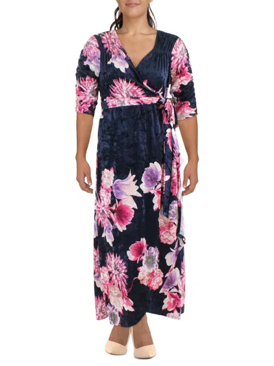 Kiyonna Plus Womens Velvet Floral Print Wrap Dress In Blue
