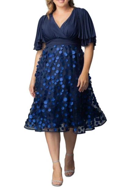 Kiyonna Pretty Petals Flutter Sleeve Cocktail Dress In Blue