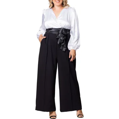 Kiyonna Refined Puff Shoulder Long Sleeve Wide Leg Jumpsuit In Black Tie Affair
