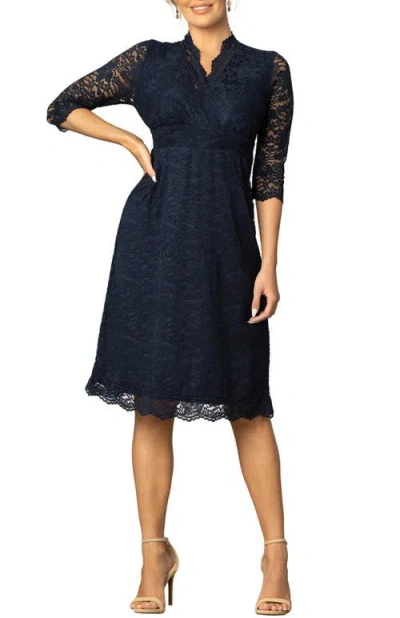 Kiyonna Scalloped Boudoir Lace Cocktail Dress In Indigo Blue