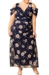Kiyonna Seraphina Cold Shoulder Mesh Gown In Blue