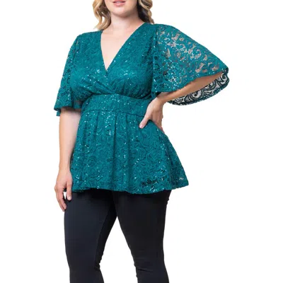 Kiyonna Stardust Sequin Lace Peplum Top In Teal Topaz