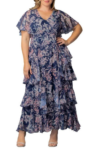 Kiyonna Tour De Flounce Tiered Maxi Dress In Blue
