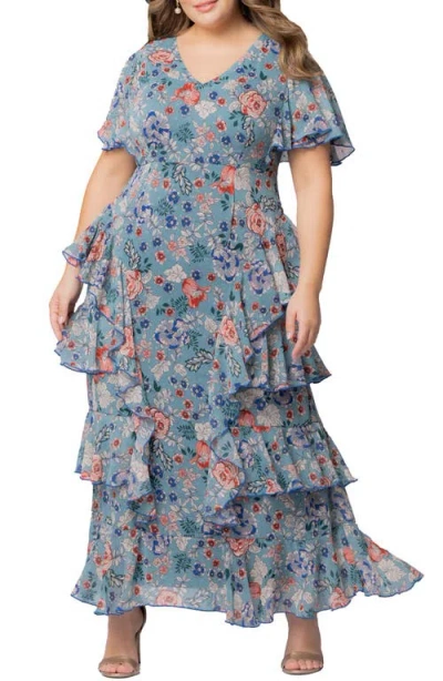 Kiyonna Tour De Flounce Tiered Maxi Dress In Blue Garden Print
