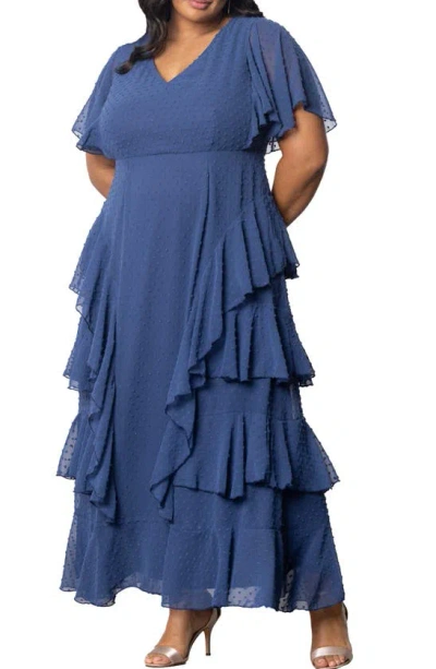 Kiyonna Tour De Flounce Tiered Maxi Dress In Denim Blue Dot