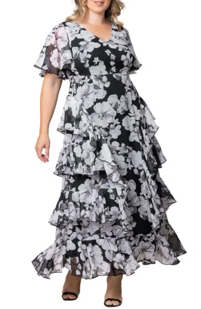 Kiyonna Tour De Flounce Tiered Maxi Dress In Grayscale Blooms