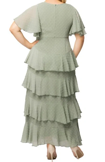 Kiyonna Tour De Flounce Tiered Maxi Dress In Sage Dot