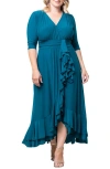 Kiyonna Veronica Ruffled High-low Evening Gown In Teal Topaz