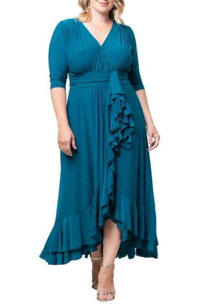 Kiyonna Veronica Ruffled High-low Evening Gown In Teal Topaz