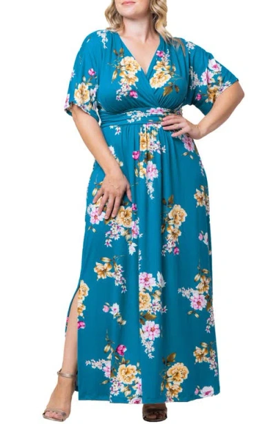 Kiyonna Vienna Maxi Dress In Teal Floral Print