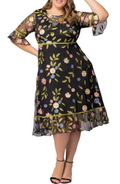 Kiyonna Wildflower Embroidered Dress In Black Blossom Print
