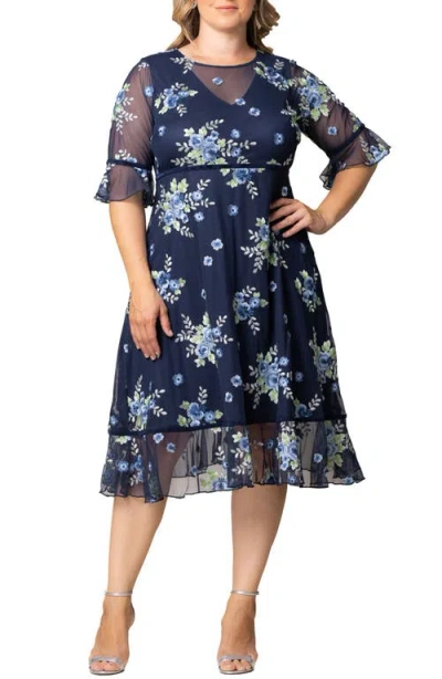 Kiyonna Wildflower Embroidered Dress In Glistening Blue Blooms