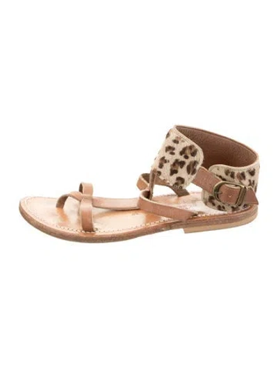 Pre-owned Kjacques Leather Animal Print Gladiator Sandals In Brown