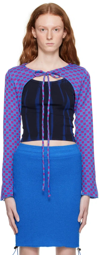 Kkco Blue & Purple Cowrie Cardigan In Blue & Magenta Check