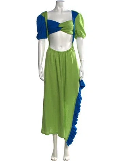 Pre-owned Kkco Colorblock Pattern Long Dress In Green