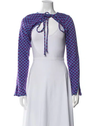 Pre-owned Kkco Plaid Print Tie Neck Sweater In Blue