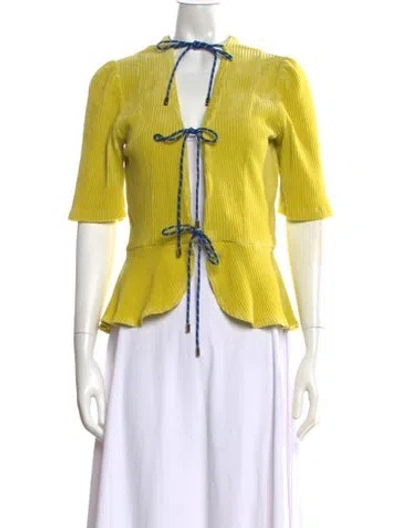 Pre-owned Kkco Tie Neck Short Sleeve Top In Yellow