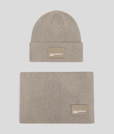 Kl Jeans Beanie And Scarf Gift Set In Sand