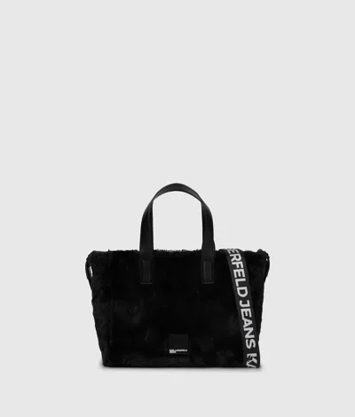 Kl Jeans Box Logo Furry Mini Tote Bag In Black