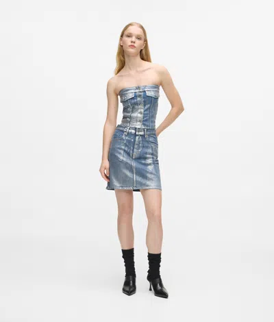 Kl Jeans Coated Denim Mini Skirt In Blue