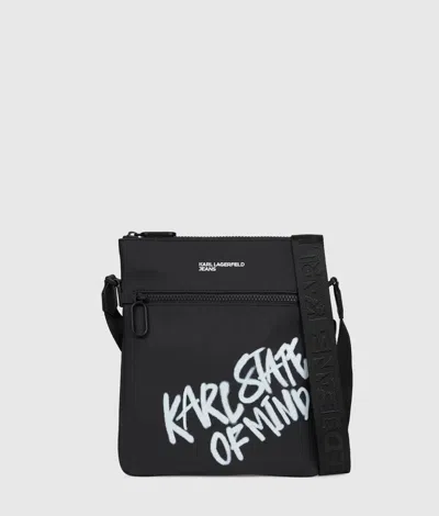 Kl Jeans Coated Karl Quote Flat Crossbody Bag In Black