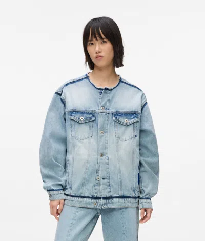 Kl Jeans Collarless Denim Jacket In Blue