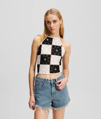 Kl Jeans Crochet Halter-neck Top In Black