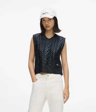 Kl Jeans Cropped Cable Knit Vest In Black