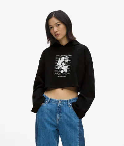 Kl Jeans Cropped Flocked Floral Hoodie In Black