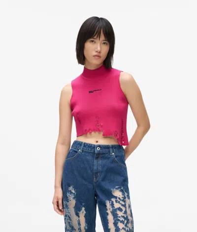 Kl Jeans Distressed Knitted Top In Purple