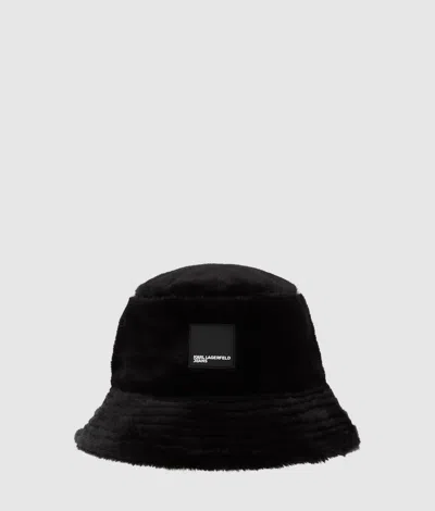 Kl Jeans Faux Fur Bucket Hat In Black