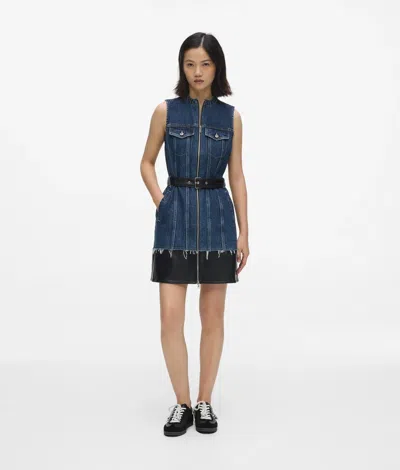 Kl Jeans Faux-leather And Denim Dress In Blue