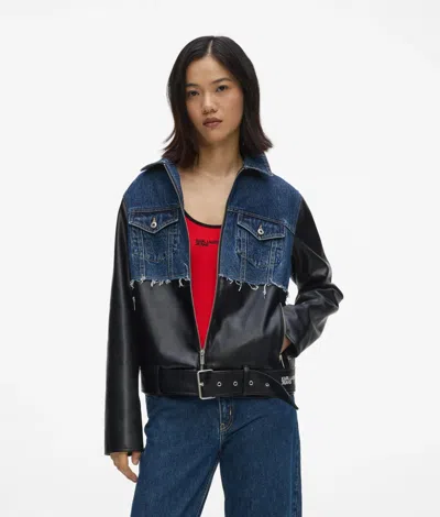 Kl Jeans Faux-leather And Denim Jacket In Blue