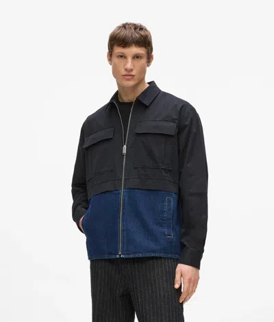 Kl Jeans Faux-leather And Denim Overshirt In Black